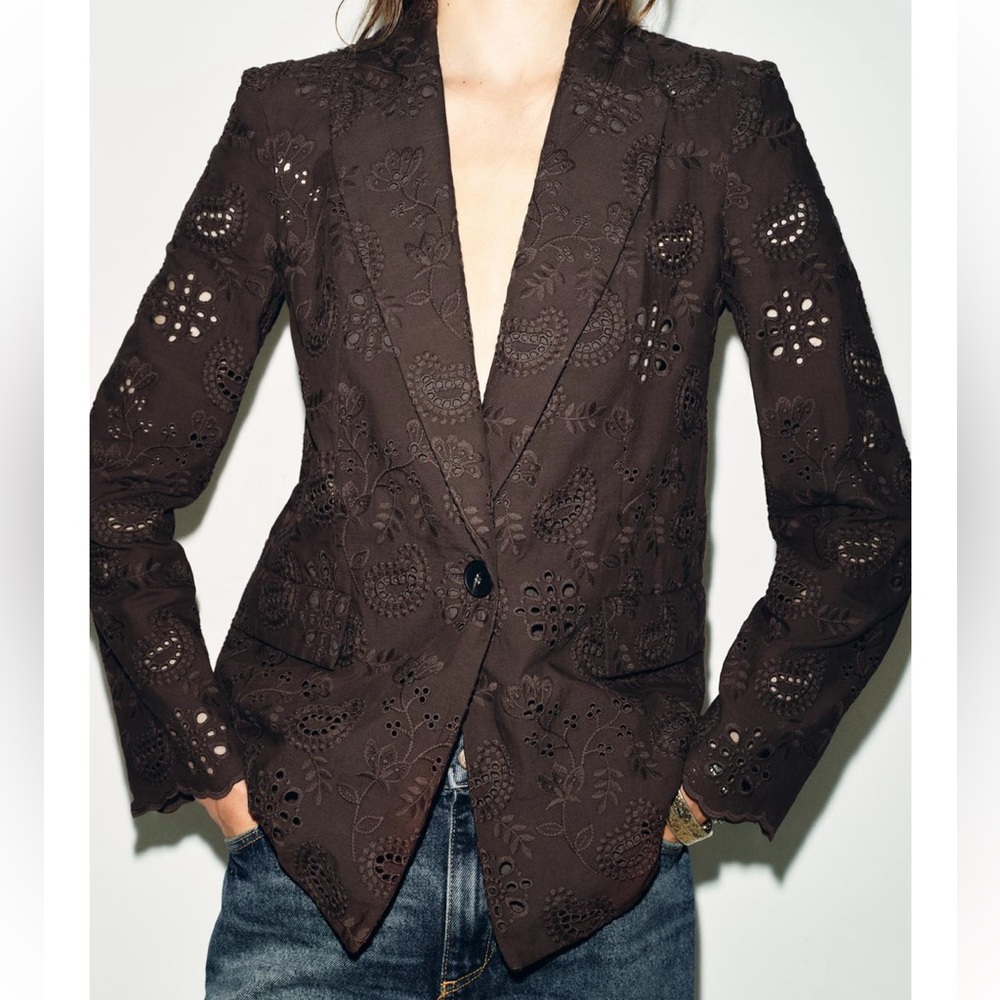 Zara Women's Eyelet Blazer Jacket - Dark Brown